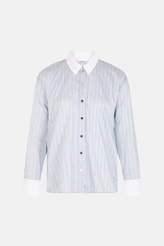 Chemise bleue rayée à manches longues de Morgan de Toi, avec un col et des poignets blancs.