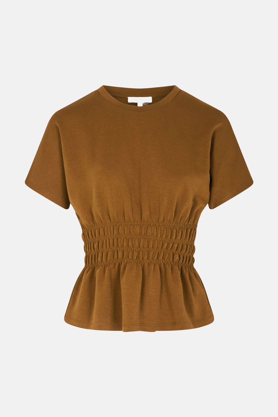 Bruine blouse met korte mouwen van Morgan De Toi, met geruchte taille en ronde hals, front view