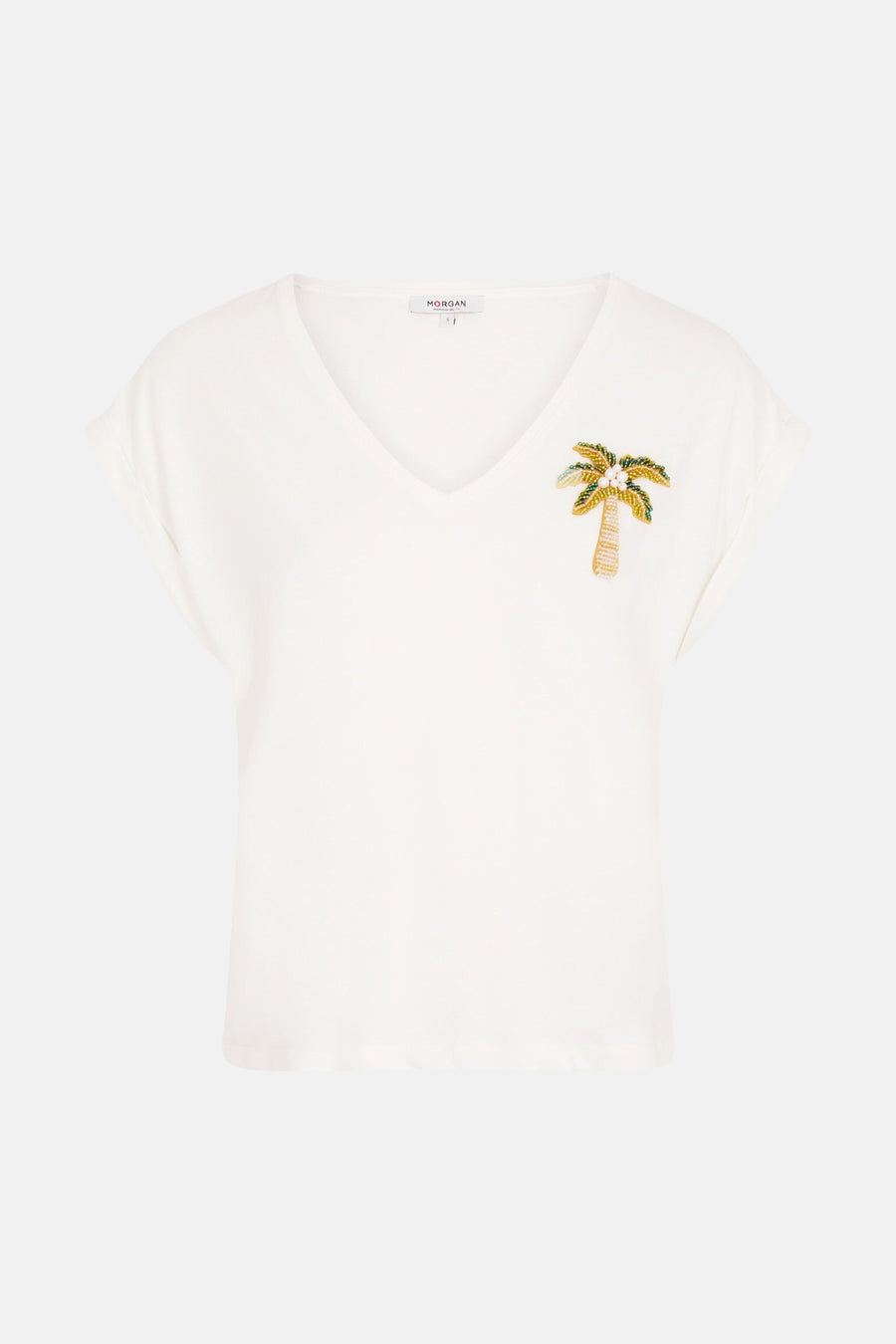 Witte korte mouwen T-shirt met V-hals van Morgan De Toi, voorzien van een geborduurde palmboom op de borst.