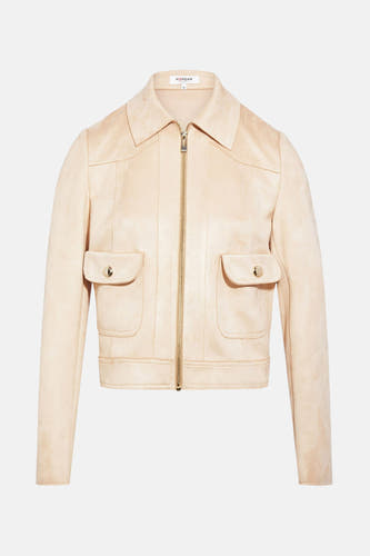 Manteau court beige de Morgan De Toi, avec fermeture à glissière et deux poches avec détail de bouton.