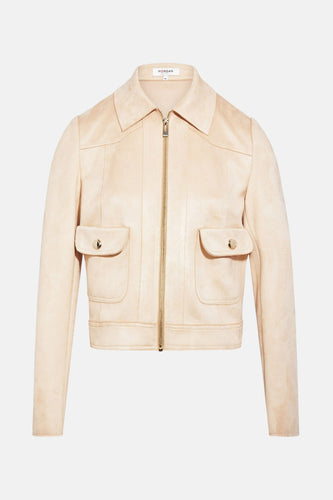 Beige suède jas met zakken.
