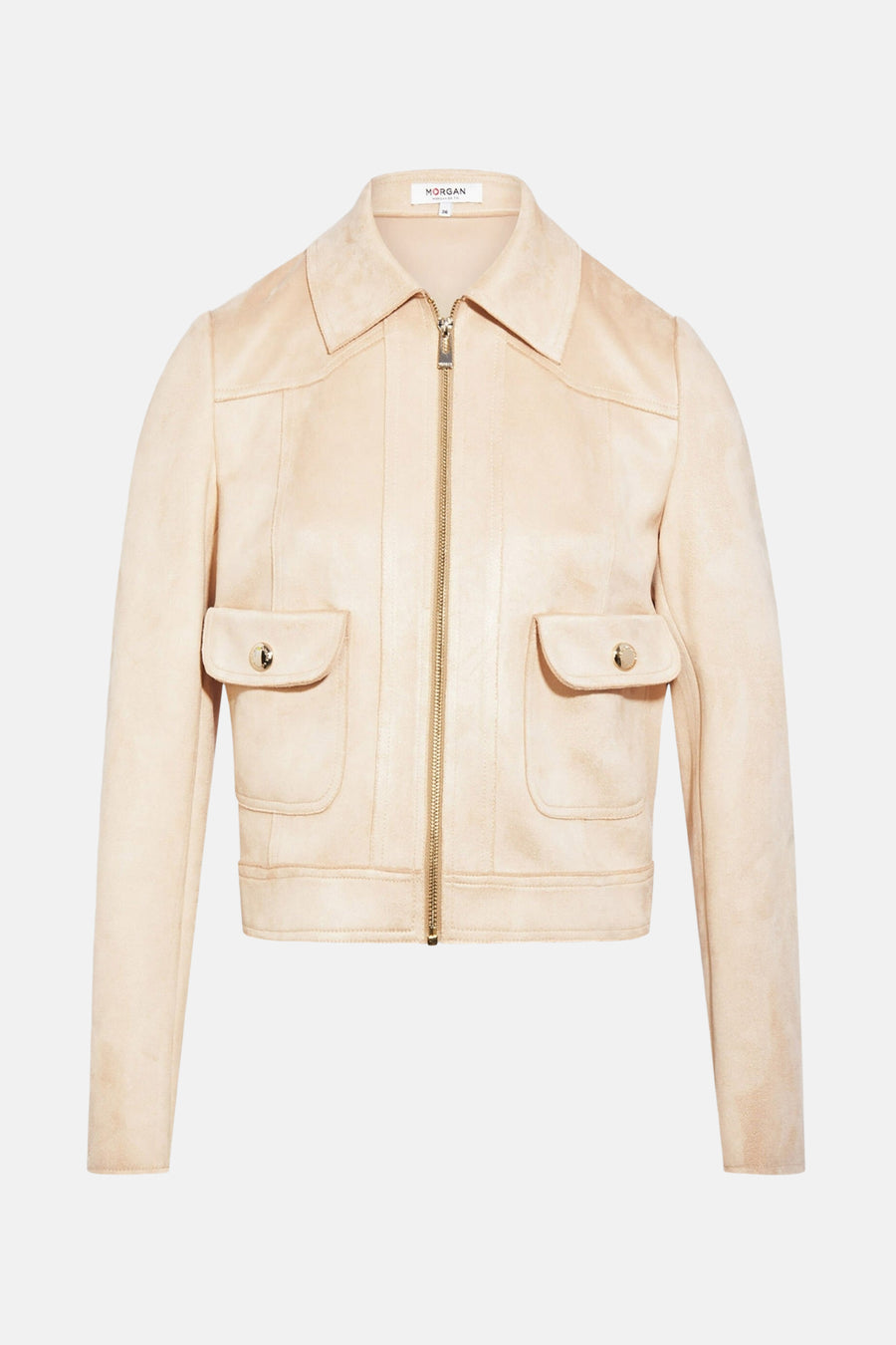 Beige suède jas met zakken.
