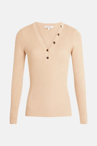 Beige T-shirt met lange mouwen van Morgan De Toi, met een V-hals en knoopdetails.