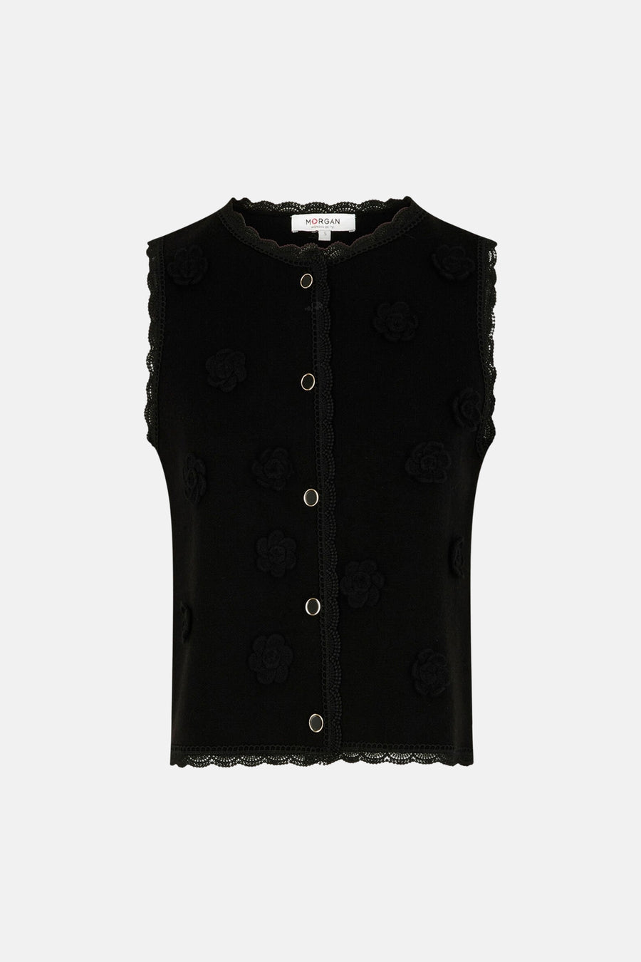 Gilet noir de Morgan de Toi, avec détails de fleurs tricotées et finition en dentelle le long des bords.
