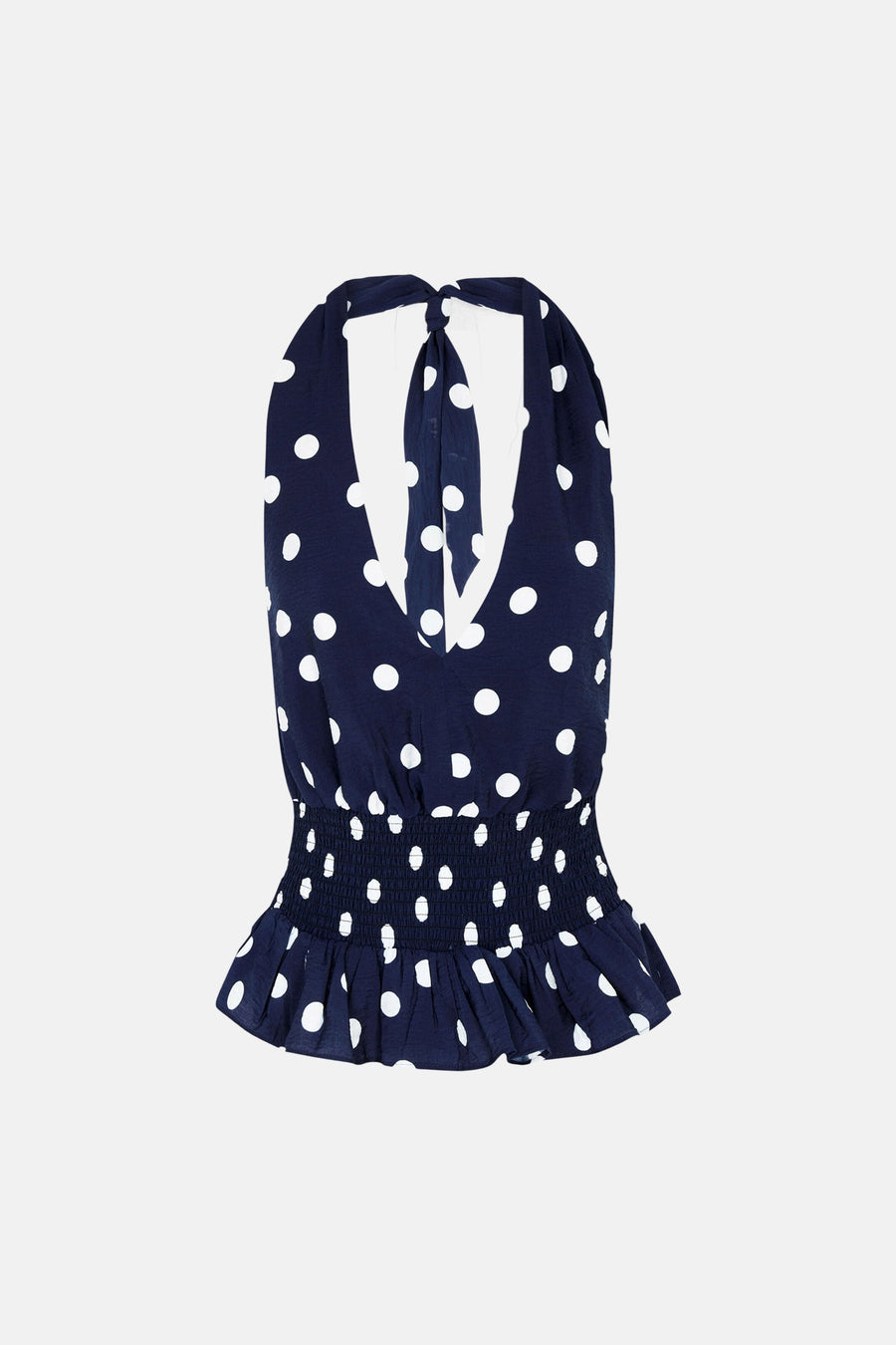 Haut bleu marine Morgan De Toi à pois blancs, col licou, taille smockée et volants à l'ourlet.