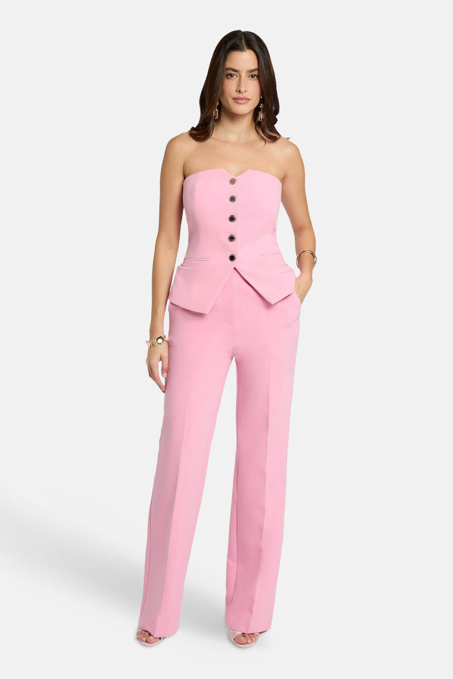 Pantalon de costume rose de Morgan De Toi, avec jambes larges et une coupe taille haute.