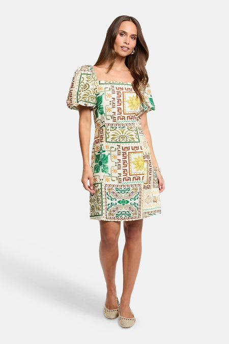 Multicolor korte mouwen kleedje van Morgan De Toi met patchworkprint, ruches en vierkante hals, vooraanzicht