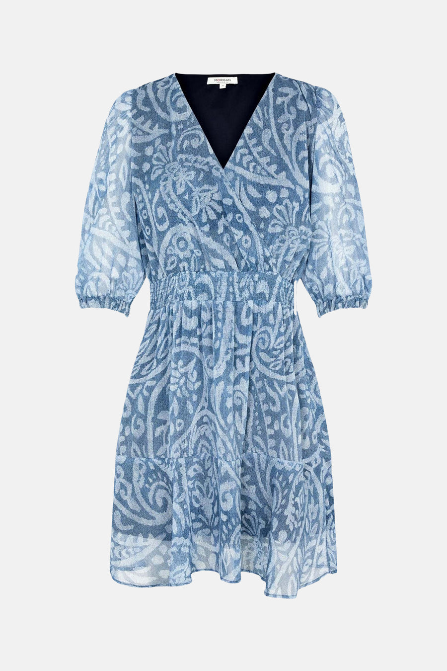 Robe courte bleue à manches courtes de Morgan De Toi, avec motif blanc de type cachemire, col en V et taille élastique.
