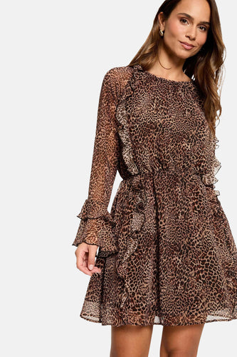 Damesjurk met luipaardprint en ruches.