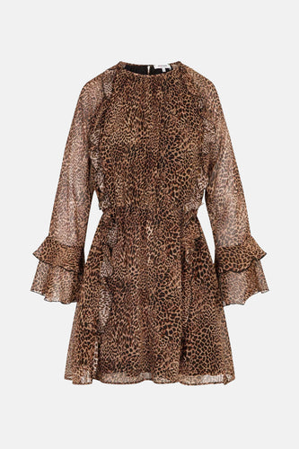 Bruine luipaardprint jurk met lange mouwen en ruches.