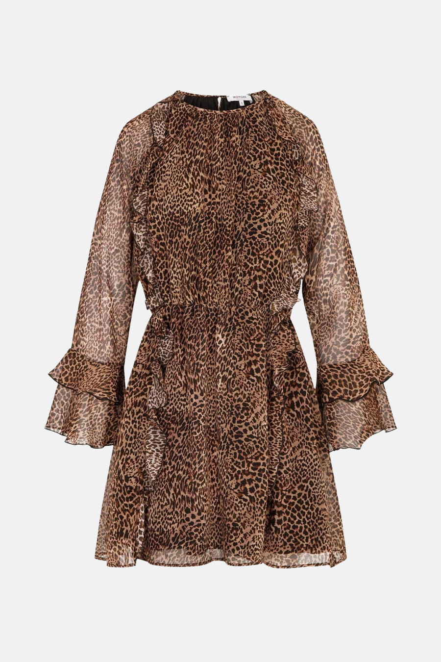 Bruine luipaardprint jurk met lange mouwen en ruches.