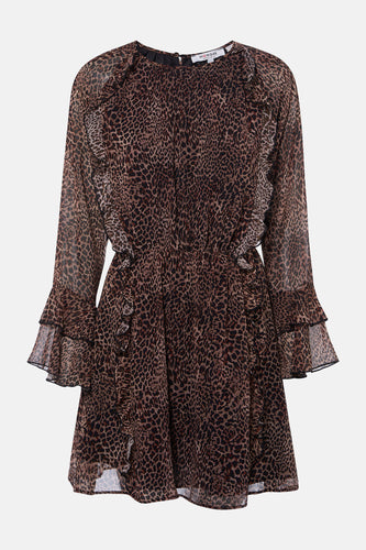 Bruine luipaardprint jurk met lange mouwen en ruches.
