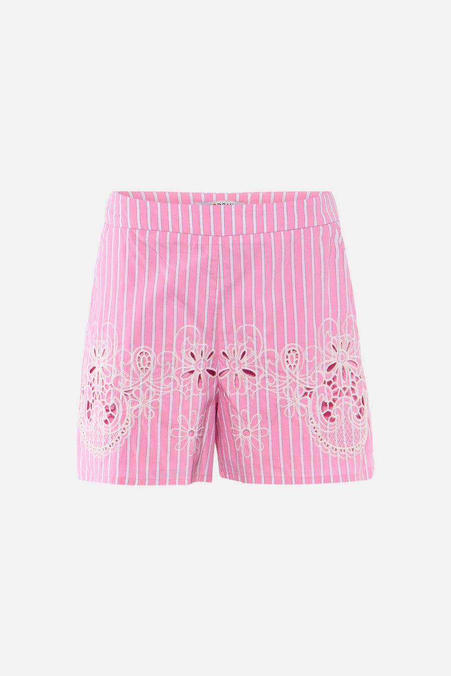 Roze gestreepte shorts van Morgan De Toi met witte bloemenborduurwerk aan de zoom, front view