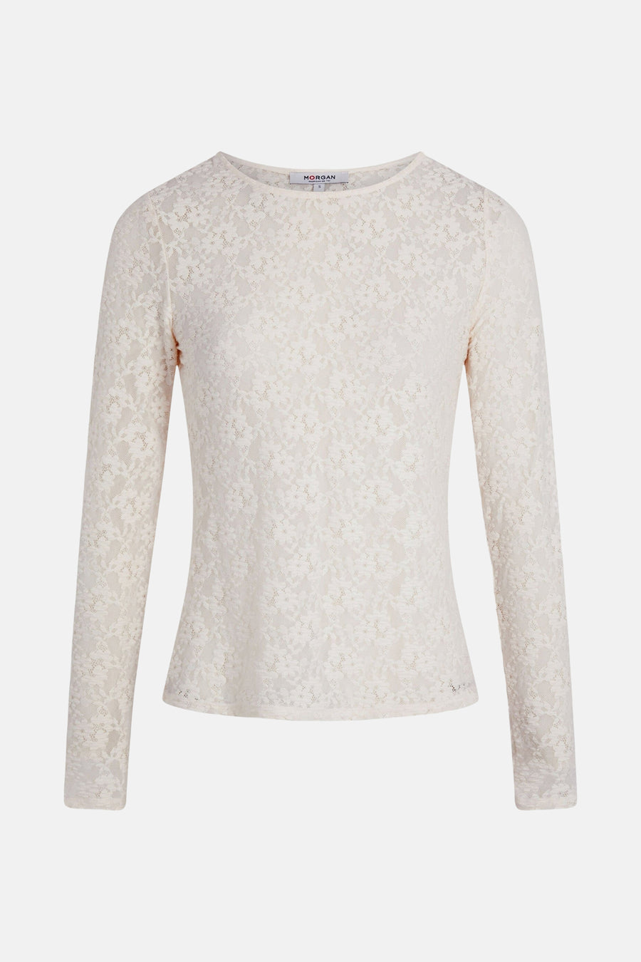 Ecru T-shirt met lange mouwen van Morgan de Toi, met kanten details en een ronde hals.