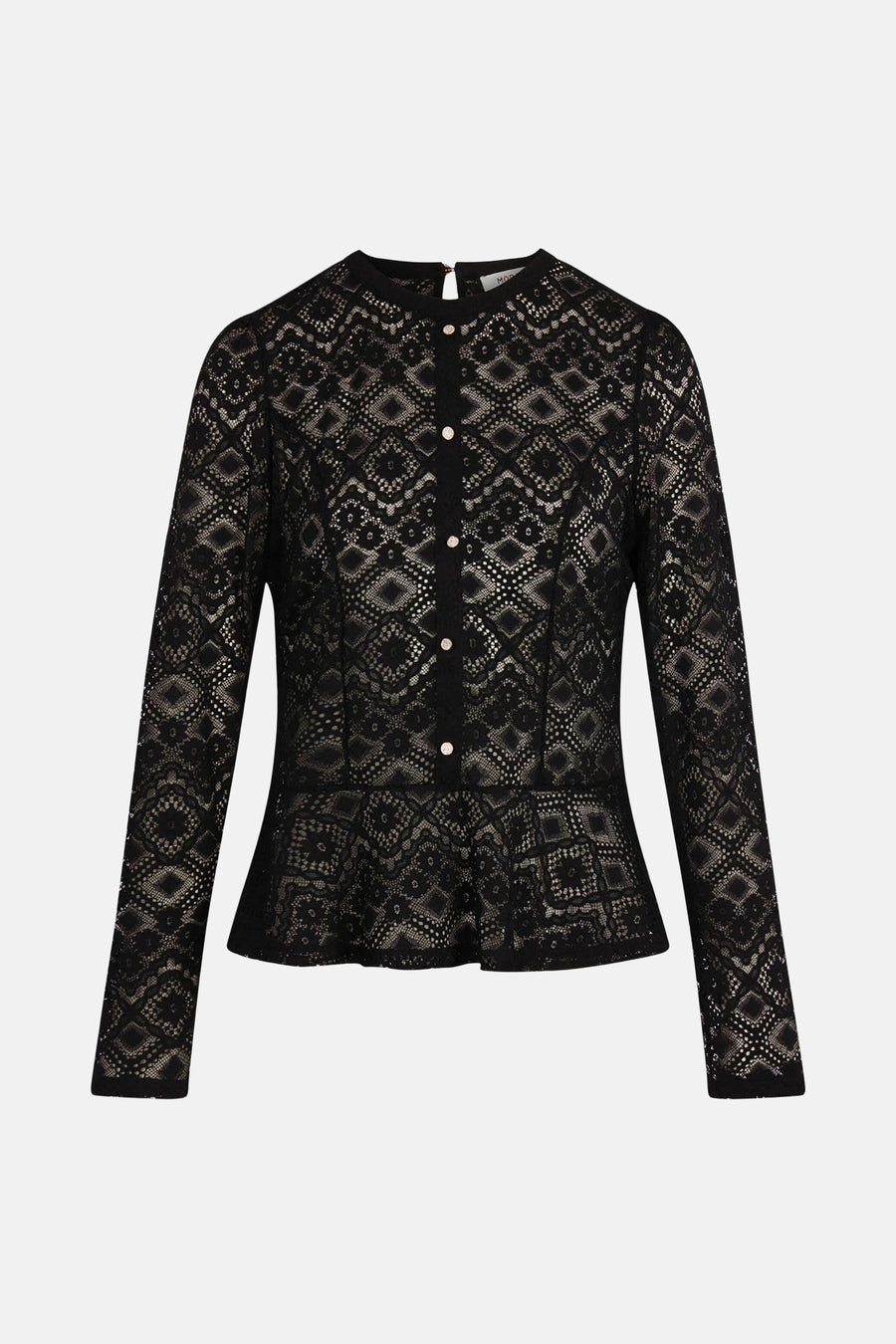 Zwarte blouse met lange mouwen van Morgan De Toi, met kanten details en knoopsluiting.