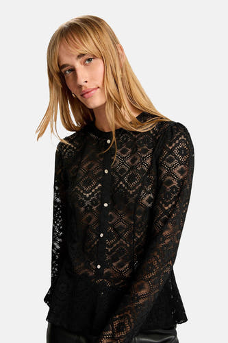 Blouse noire à manches longues de Morgan De Toi, avec des détails bordés et une fermeture à boutons.