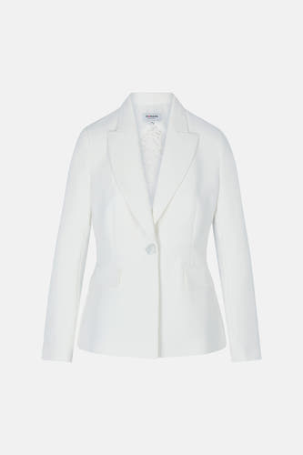 Blazer blanche Morgan De Toi avec bouton unique, revers crantés et empiècement en dentelle subtil.
