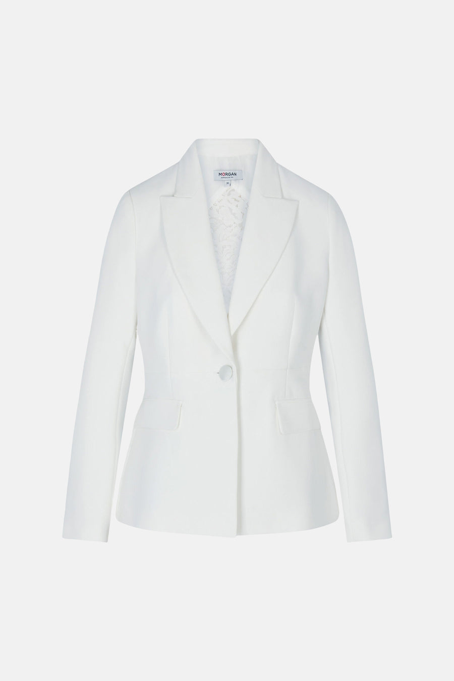 Blazer blanche Morgan De Toi avec bouton unique, revers crantés et empiècement en dentelle subtil.