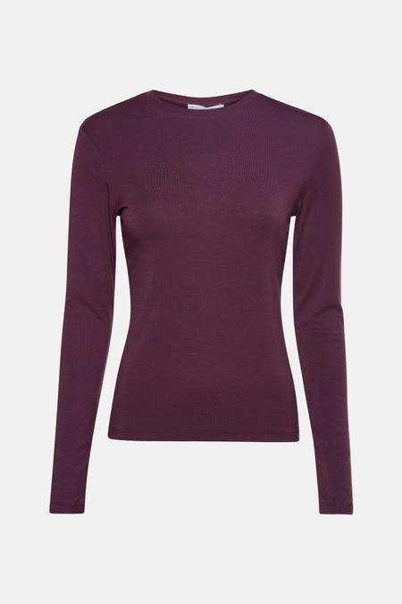 T-shirt Bordeaux à manches longues de MANGO, couleur unie et texture côtelée fine.