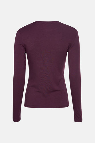 T-shirt Bordeaux à manches longues de MANGO, avec des finitions côtelées et un design simple, vu de l'arrière.