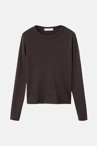 T-shirt marron à manches longues de MANGO, tissu uni et col rond.