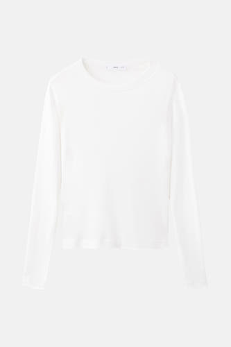 T-shirt blanc à manches longues de MANGO, tissu uni avec un col rond.