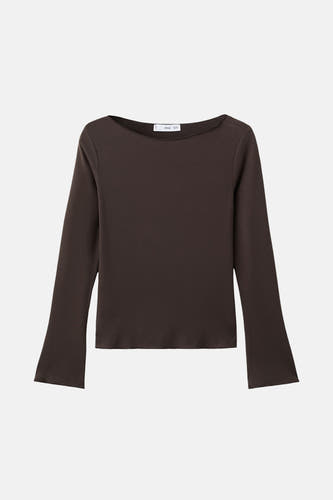 T-shirt brun à manches longues de MANGO, avec un col en v et des manches bouffantes.