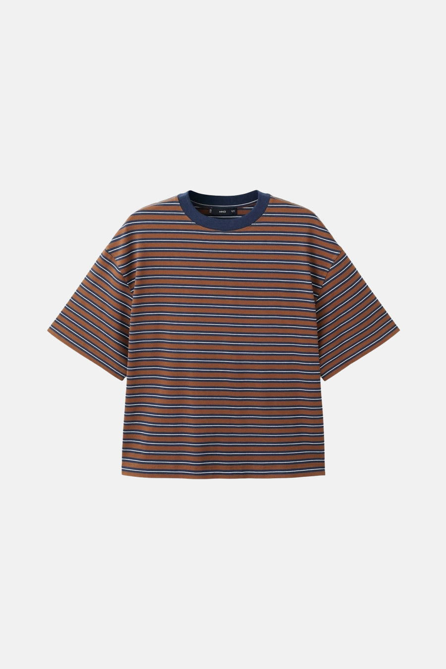 T-shirt multicolore à manches courtes de MANGO, avec des rayures horizontales brunes et bleues.