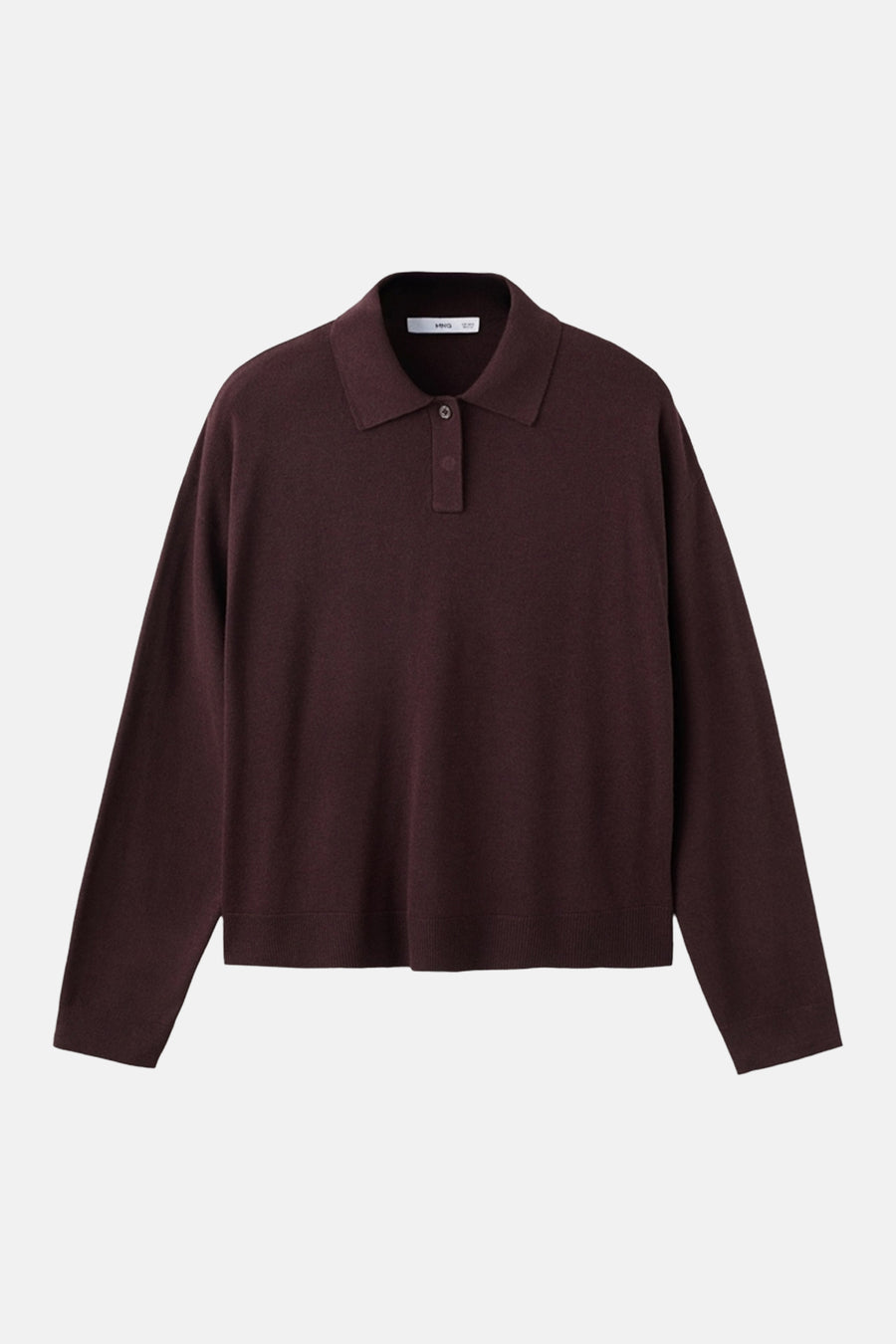 Pull bordeaux à col rond de MANGO, avec col polo et courte patte de boutonnage.