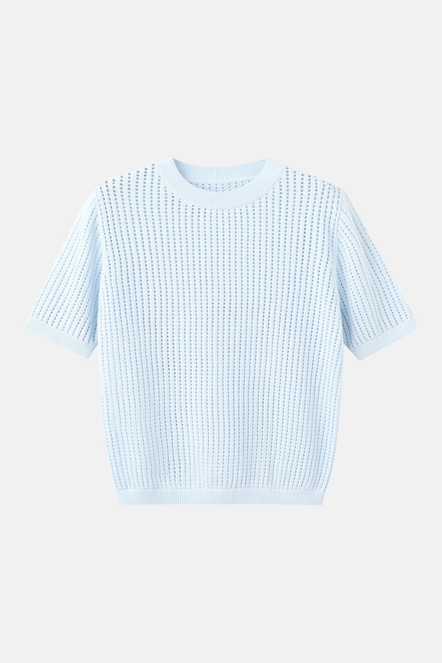 Pull bleu à col rond de MANGO, avec une texture en maille ajourée et des manches courtes.
