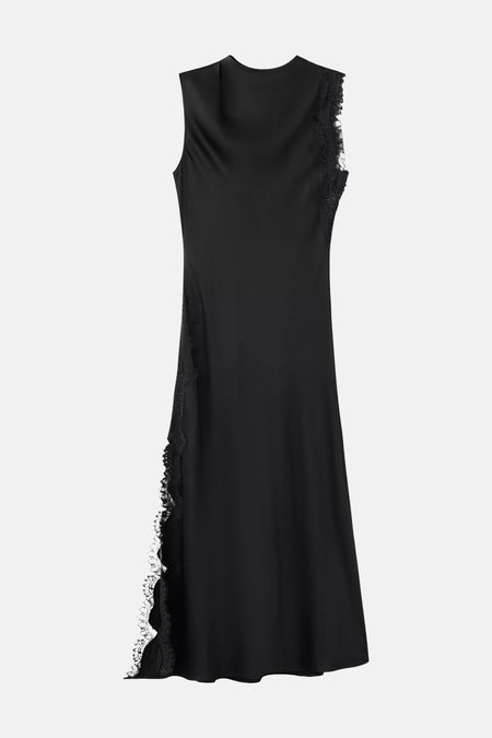 Robe noire sans manches de MANGO avec détails en dentelle sur le côté et l'épaule.