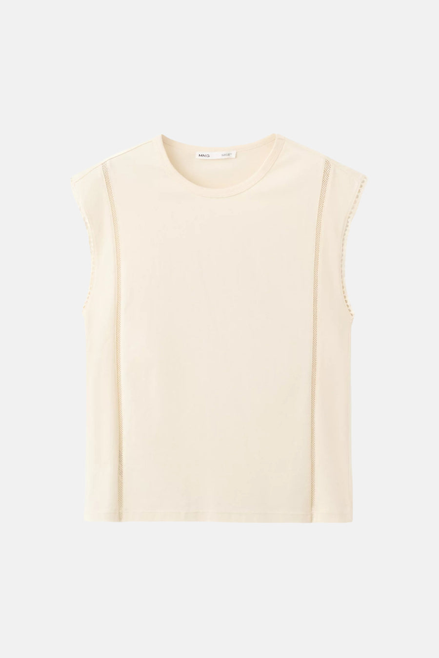 Beige mouwloze top van MANGO met mesh inzetsels aan de zijkanten, ronde hals, voorzijde weergave