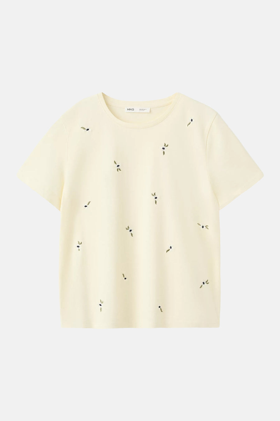 Gele korte mouwen t-shirt van MANGO met kleine bloemen borduursels, ronde hals, voorzijde weergave