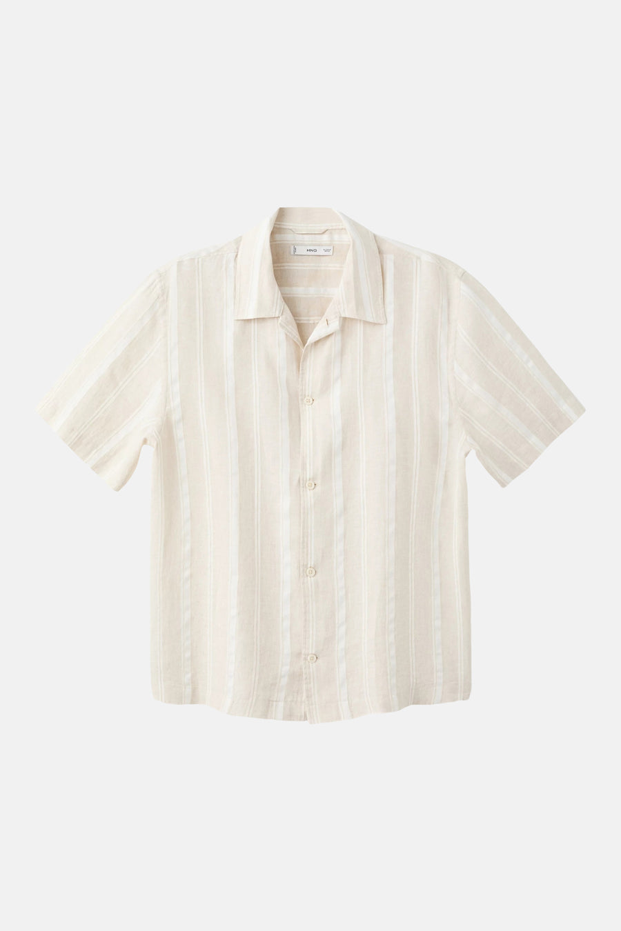 Chemise beige à rayures à manches courtes de MANGO, avec col à revers et fermeture boutonnée.