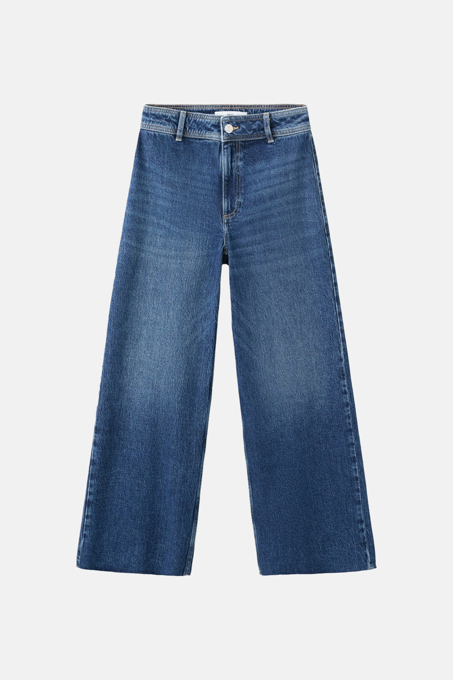 Blauwe denim jeans wide van MANGO, met een vintage wassing en wijde pijpen.
