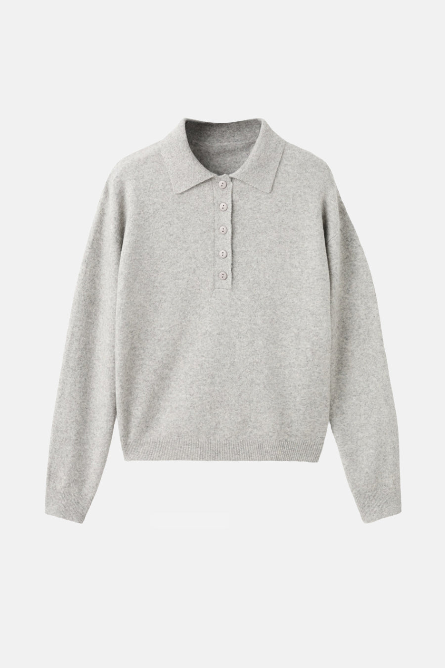 Sweat-shirt gris à col rond de MANGO, avec un col rabattu et une fermeture à boutons.