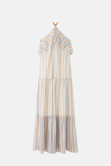 Robe sans manches à rayures multicolores de MANGO avec volants, bretelles spaghetti et jupe superposée, vue de dos.