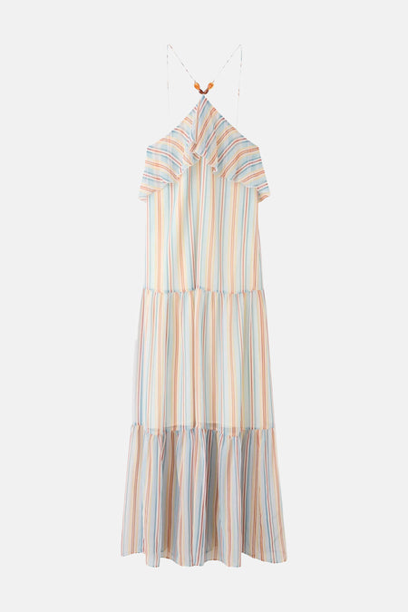 Robe sans manches à rayures multicolores de MANGO avec volants, bretelles spaghetti et jupe superposée, vue de dos.