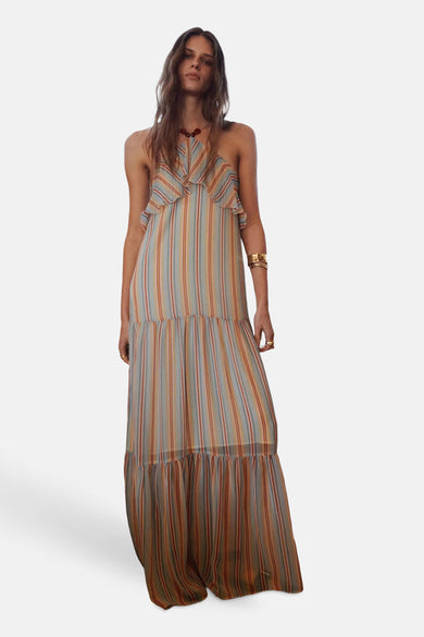 Robe multicolore à rayures de MANGO avec col licou et volants.