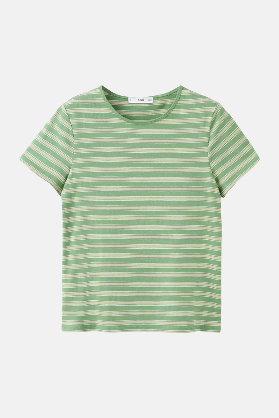 T-shirt rayé vert et beige de MANGO à manches courtes et col rond, posé à plat.