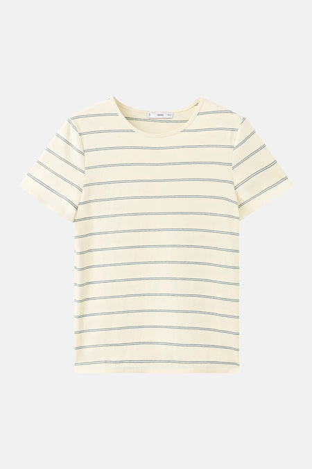 T-shirt à manches courtes de couleur jaune clair de MANGO, orné de fines rayures horizontales et d'un col rond.
