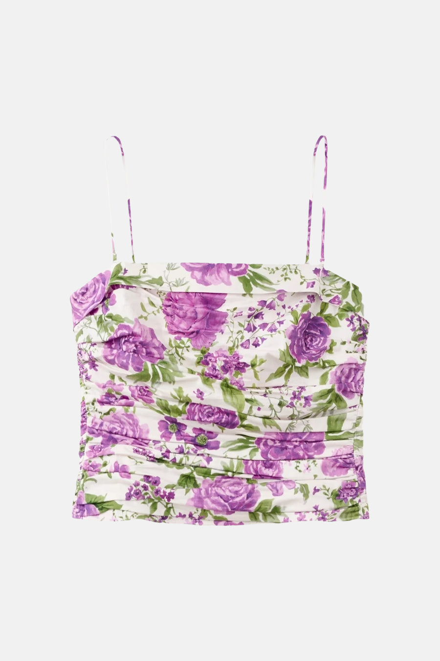 Haut courte blanche à imprimé fleurs violettes de MANGO, avec de fines bretelles spaghetti.