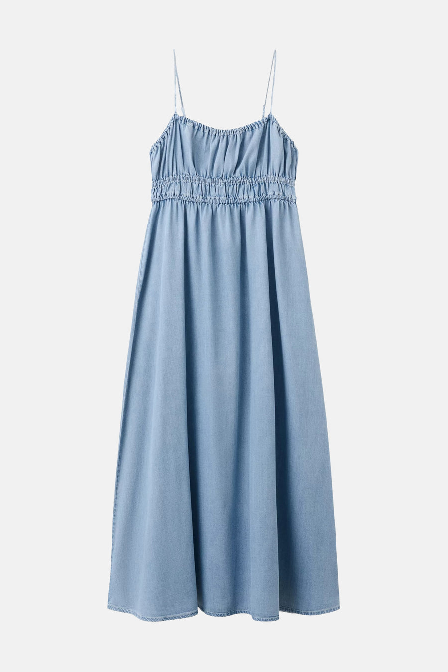 Lichtblauw denimkleedje van MANGO, met smalle bandjes en geruchte taille, volle rok, front view