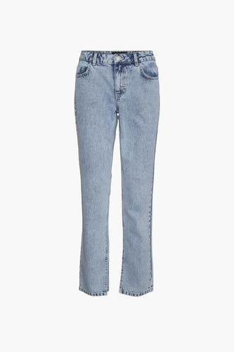 Jean droit en denim bleu clair de NOISY MAY, avec une texture stonewashed.
