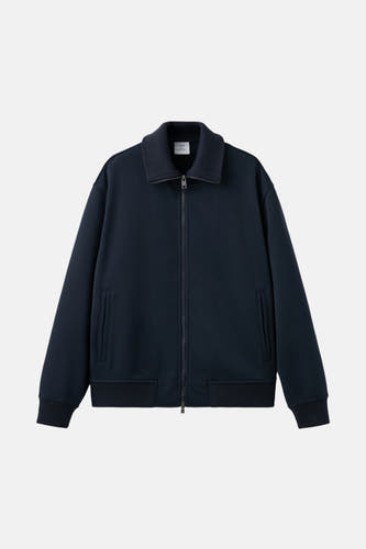 Sweat-shirt bleu de MANGO avec une fermeture éclair et des bordures côtelées.
