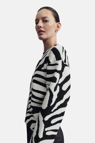 Pull multicolore à col rond de MANGO, avec un motif zébré audacieux.