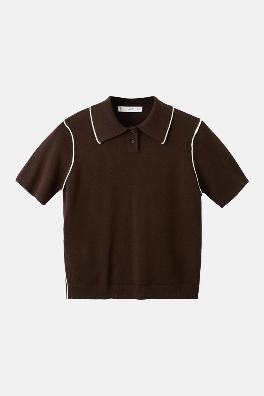 Polo marron à manches courtes de MANGO, fini avec des passepoils blancs le long des bords.