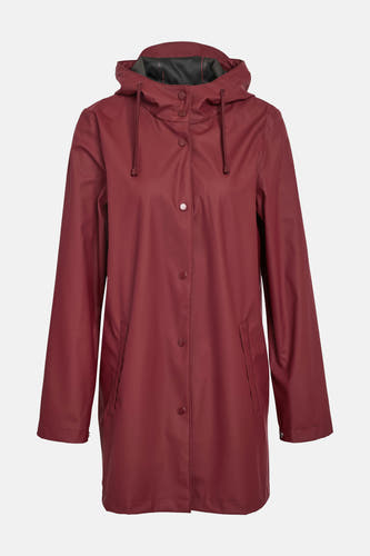 Bordeaux regenjas van DROPLETS met capuchon, lange mouwen en knoopsluiting aan de voorkant.