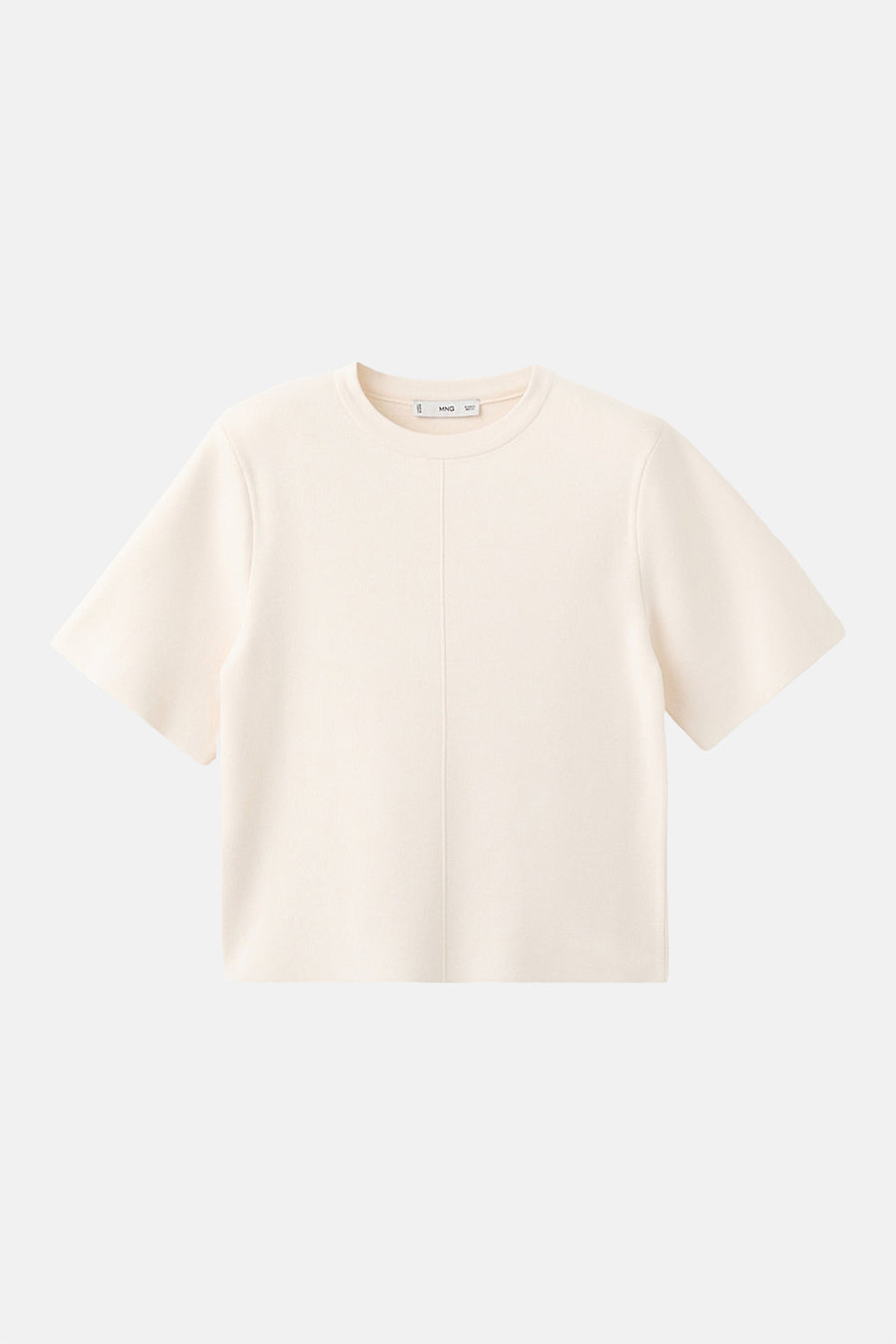 Pull écru à col rond de MANGO, avec une couture verticale sur le devant.
