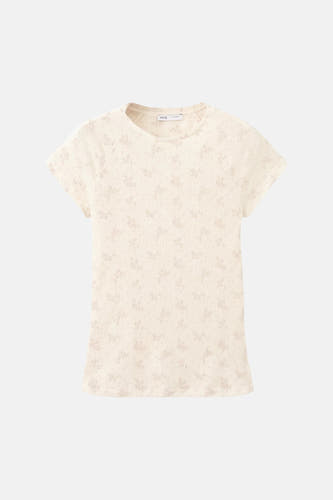 Beige korte mouwen t-shirt van MANGO met fijne bloemenprint en ribstructuur, front view